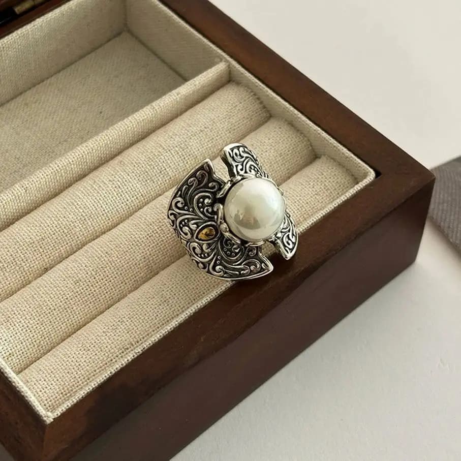 Vintage Pearl S925 Silver Geometric Personality Court Open Ring