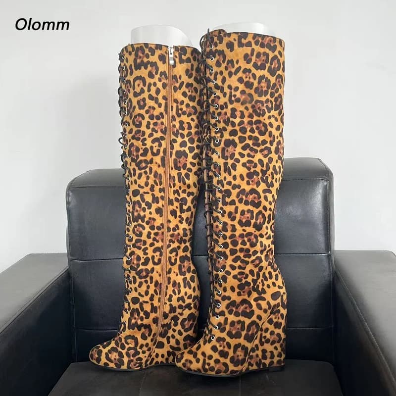 Olomm New Arrival Women Winter Knee Boots Wedges Heels Round Toe Beautifual Leopard Party Shoes Plus Ladies US Size 5-20