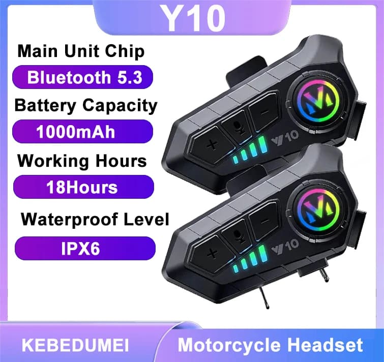 Bluetooth 5.3 Y10 headset for Motorcycle Helmet with Colored Lights, Waterproof, Wireless, Vivavoce