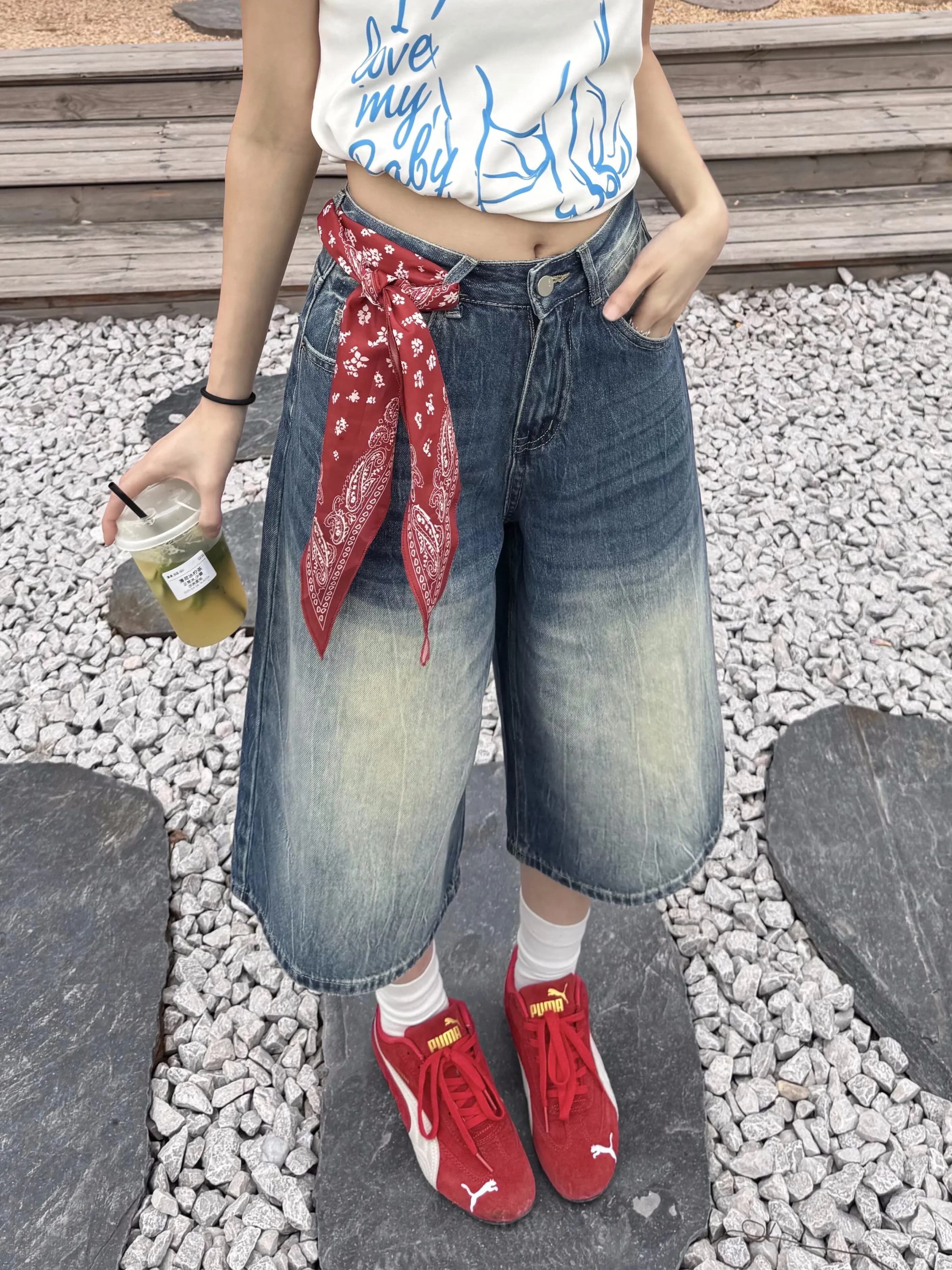 Retro American Washed Denim Casual Loose Wide Leg Jeans Women's Summer New Style Cleanfit Casual Pants Deep Light Colors