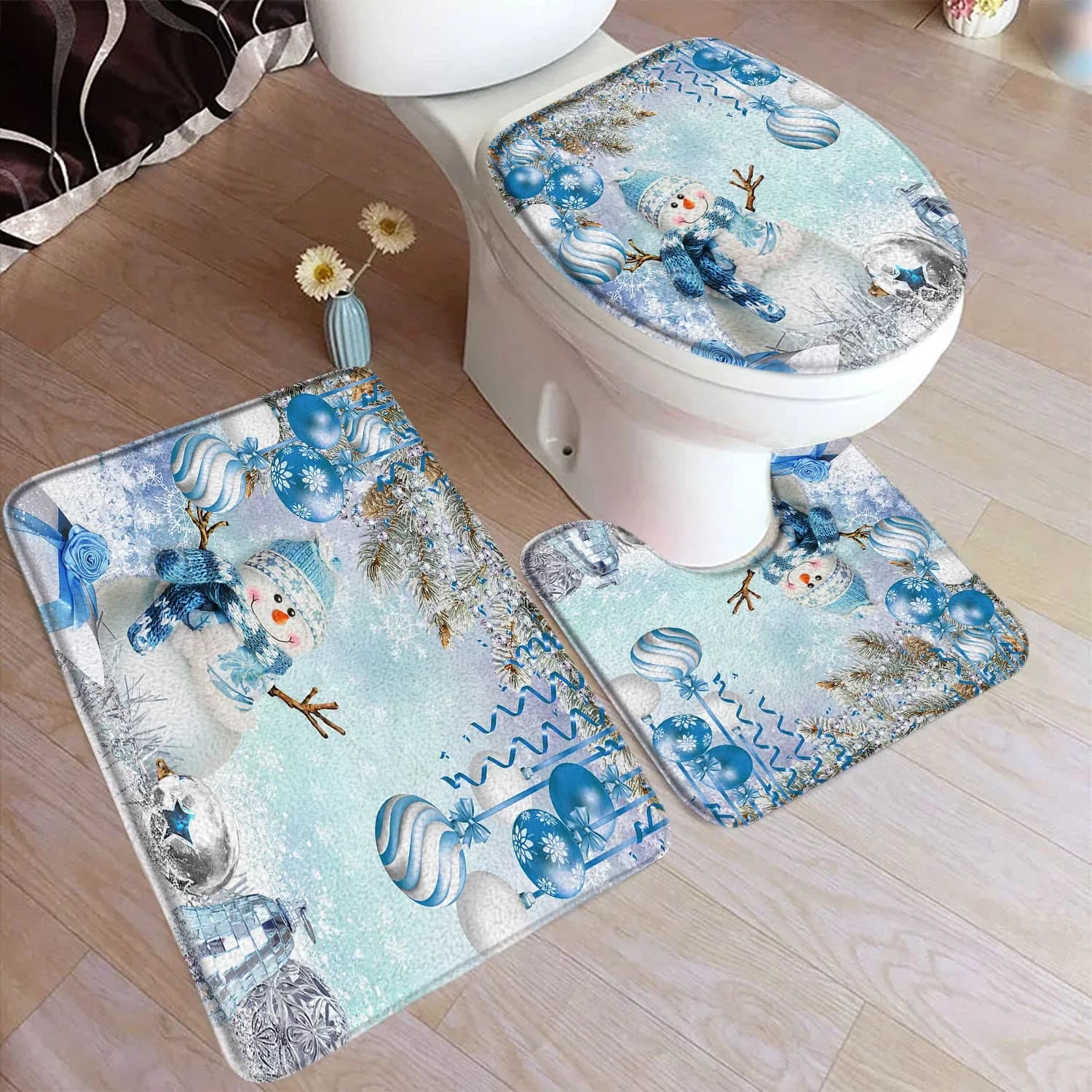 Simpatico pupazzo di neve blu set tappetino da bagno fiocco di neve invernale ramo di abete palla di Natale tappeto per la casa di Natale arredamento per il bagno tappeto copriwater
