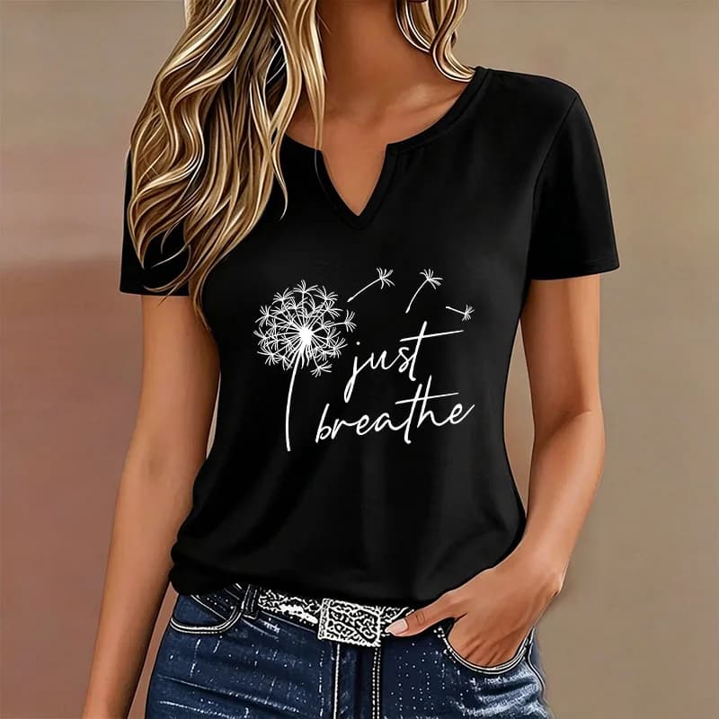 T-shirt Fashion Just Breathe Dandelion con scollo a V, casual, stile Y2K, da donna, a maniche corte, per l'estate e la primavera