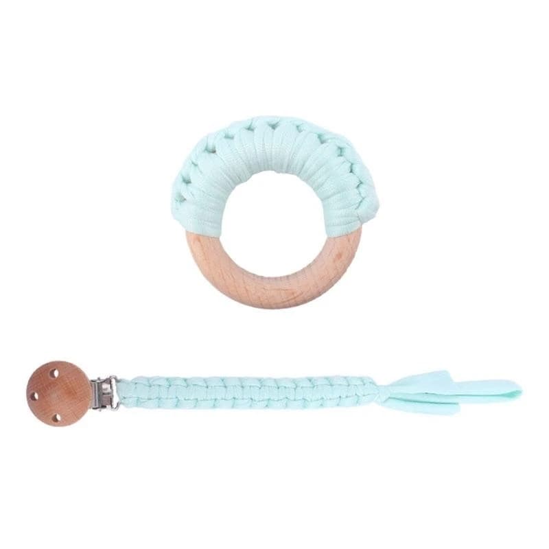 J15U 2 pezzi bambino ciuccio intrecciato catena clip anello legno massaggiagengive succhietto giocattolo per dentizione