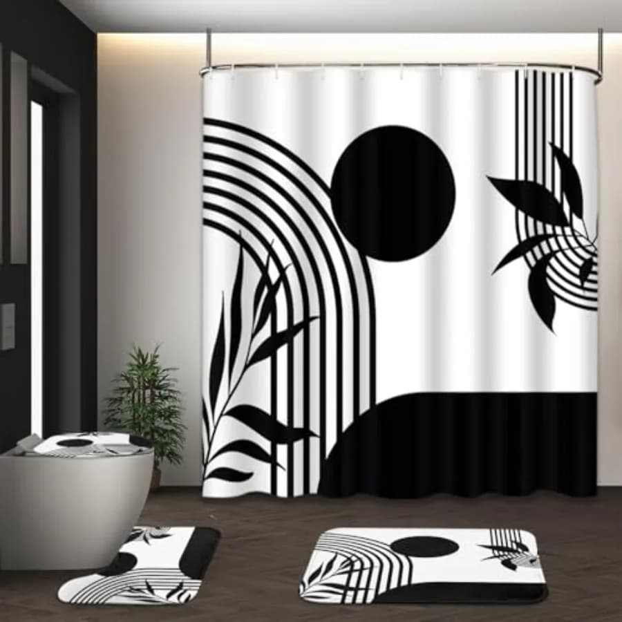 Boho Mid Century Shower Curtain Set with Toilet Lid Cover and Non-Slip Rugs, Abstract Geometric Black White 4 Pcs Modern Minima