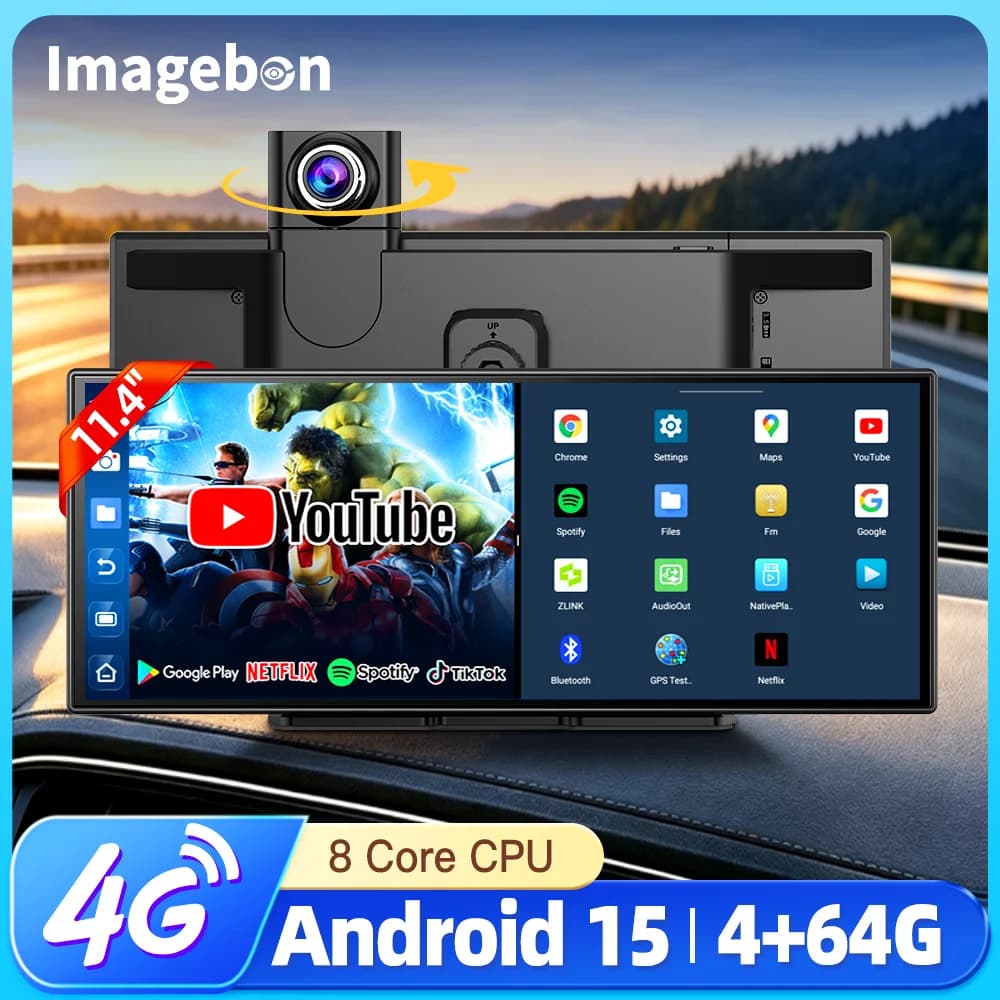 Imagebon 11.4" 4G Android 15 4+64G Dashcam 8 Core Wireless CarPlay & Android Auto AI Screen GPS Remote Monitoring Car DVR