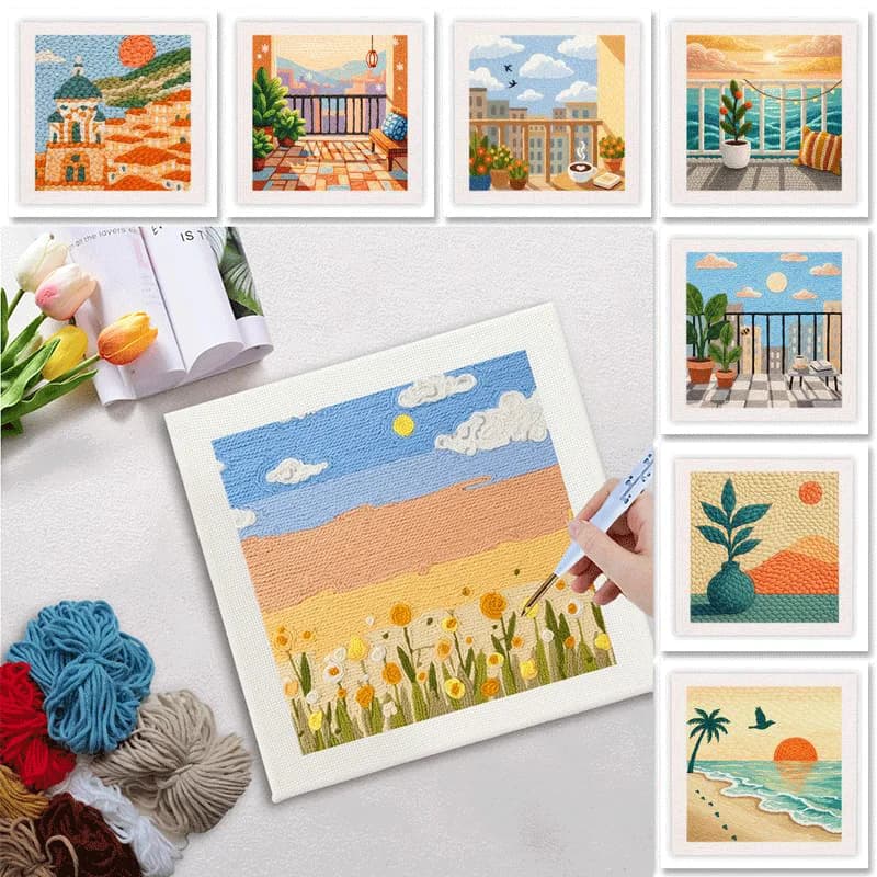 GATYZTORY 25x25cm Punch Needle Frame Home Wall Decor Hand Embroidery Kit Town Landscape Needle Punch Kit For Beginners Arts and