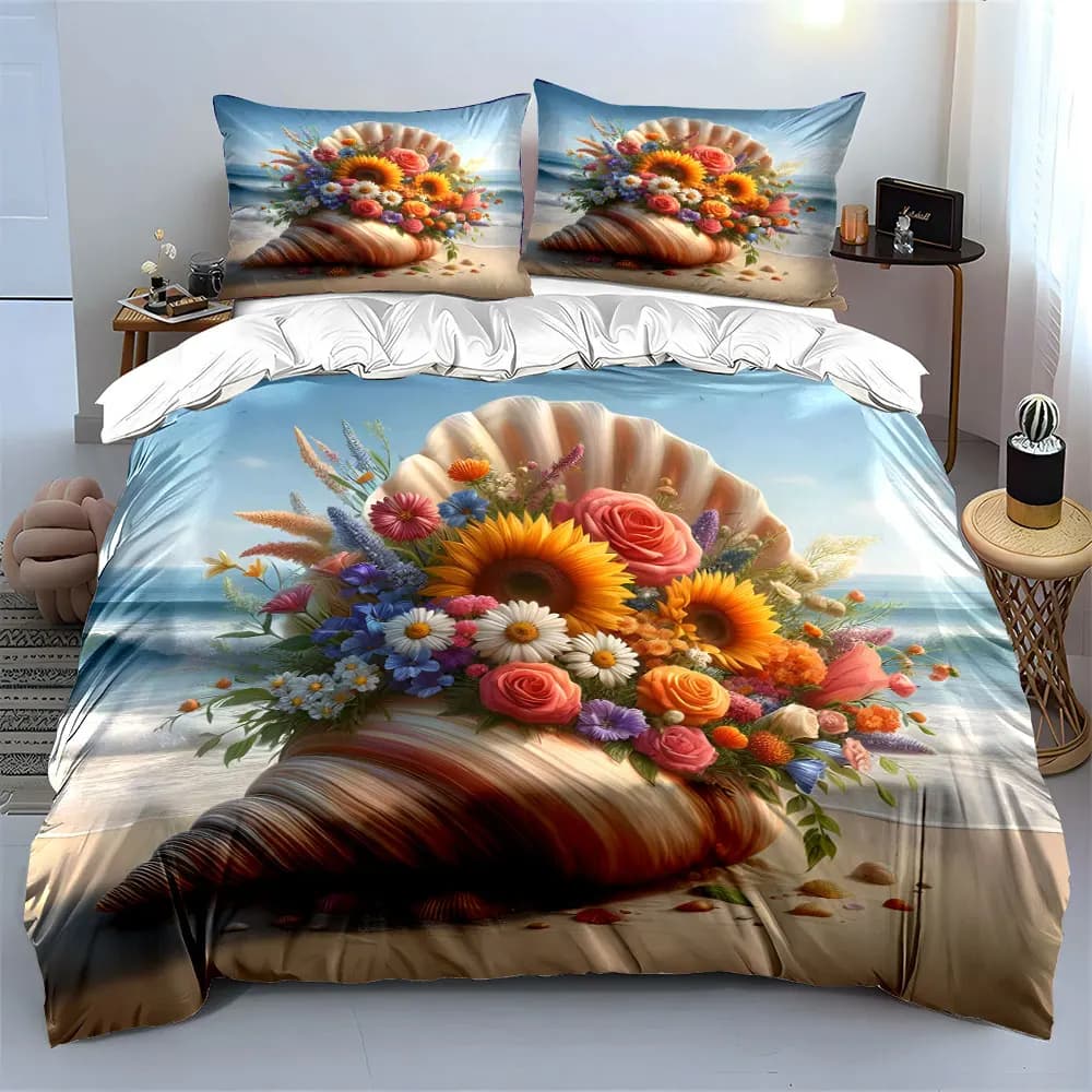 Set di biancheria da letto con stampa di conchiglie e fiori, scena da spiaggia, morbido e confortevole, include 1 copripiumino e 2 federe, regalo di lusso