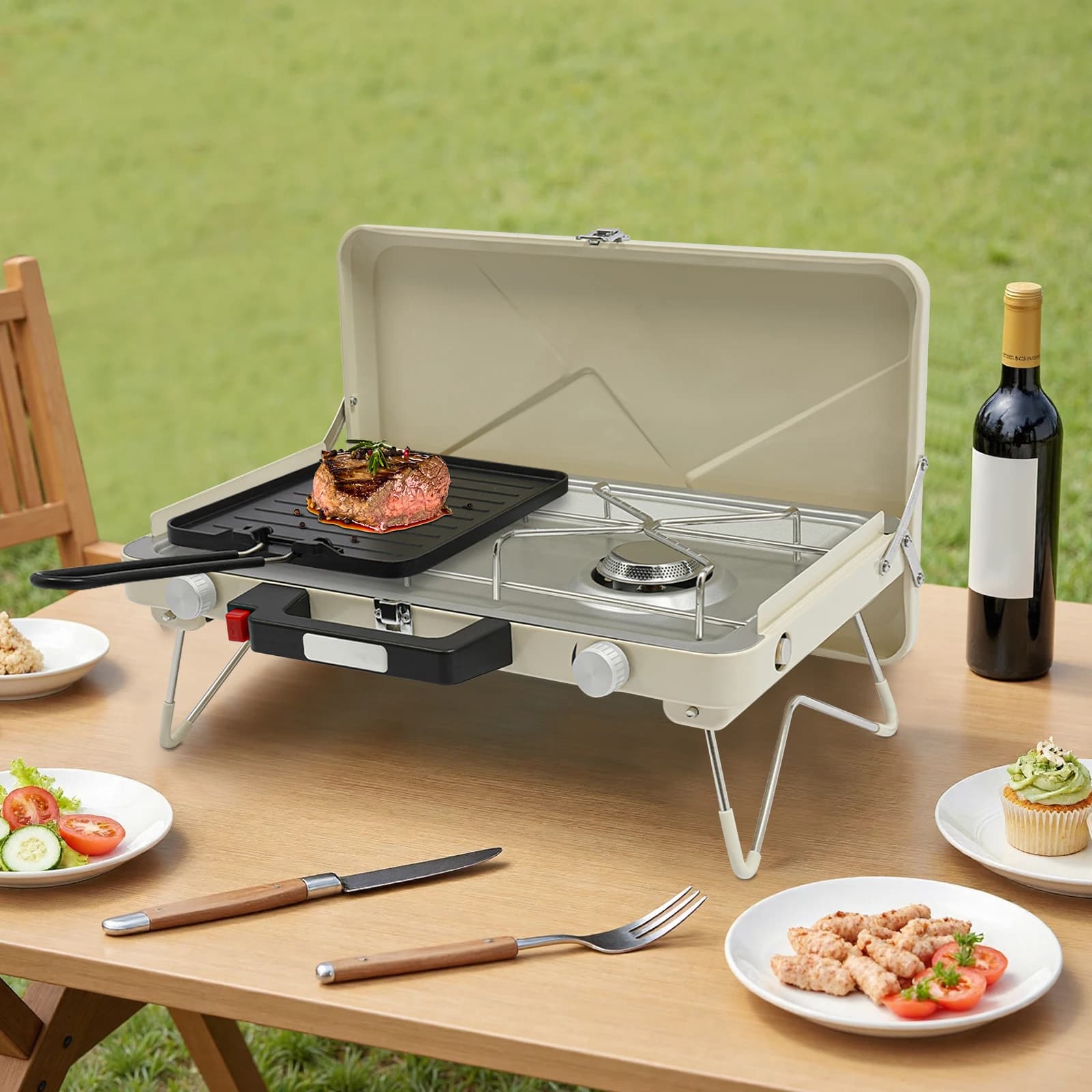 Fornello da Campeggio Pieghevole in Acciaio Inox a 2 Fuochi 3500W, Fornello a Gas Metano-Propano per Picnic, Camper, Appartamento, Esterni