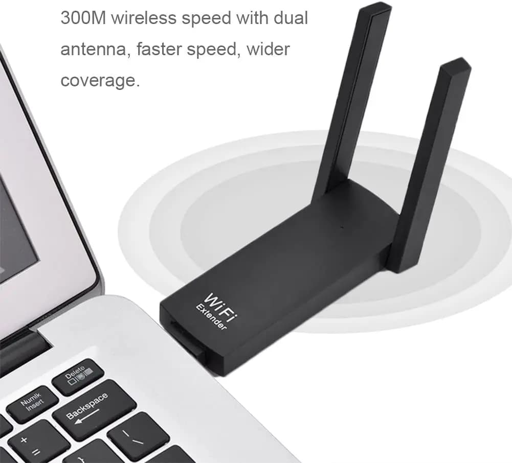 PIX-LINK UE02 Ripetitore WiFi per router wireless Prolunga di portata Wi-Fi alimentata tramite USB Amplificatore di segnale 300Mbps con doppie antenne
