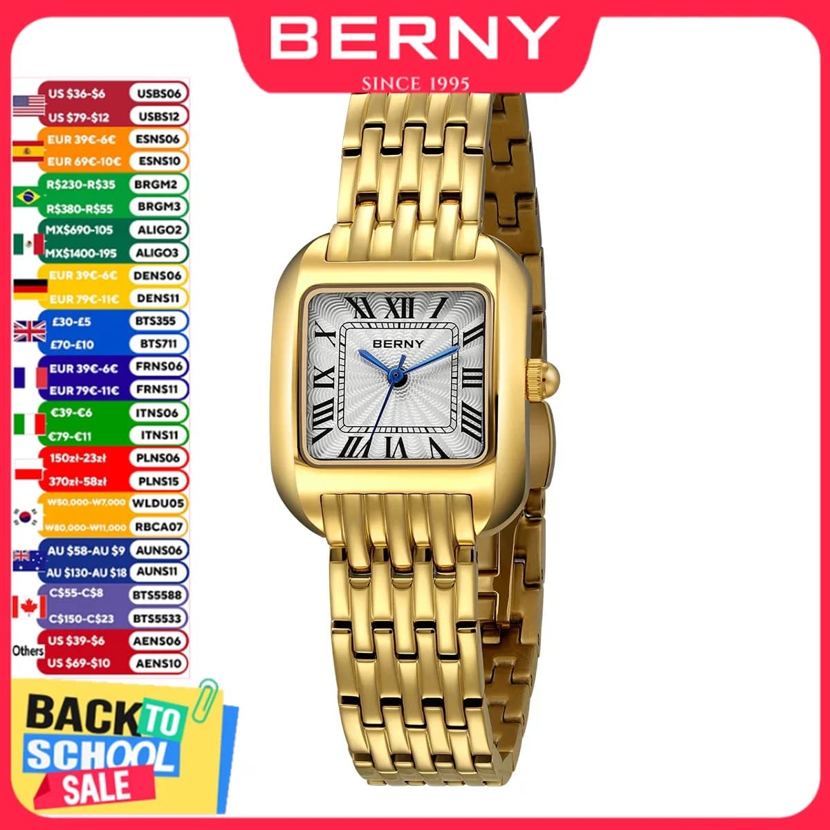 BERNY Gold Square Watch for Women Luxury Quartz Watches Fashion Stainless Steel Watch Small Gold Casual Business Women's Watch