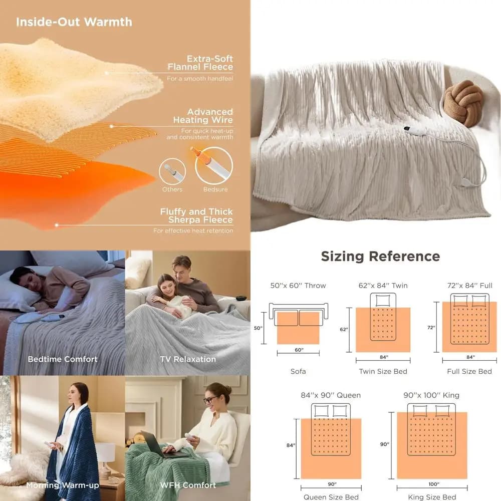 Coperta Elettrica in Morbido Flanella Misura Twin con 10 Opzioni Timer, 6 Livelli di Calore e Spegnimento Automatico Dopo 8 Ore