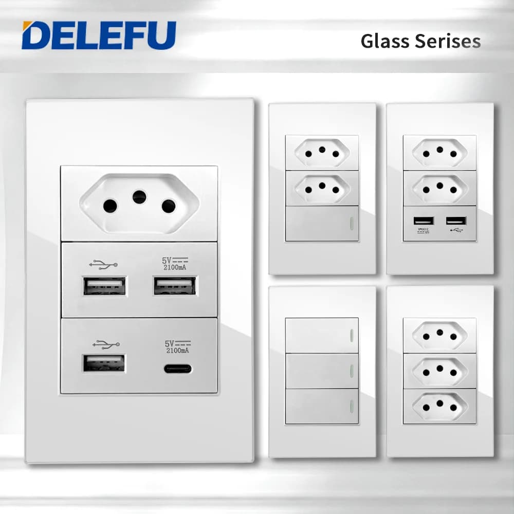 DELEFU 4*2 Presa standard Brasile in vetro temperato bianco con doppia presa USB tipo C presa di corrente a muro Smart Switch Tuya Wifi 10A 20A