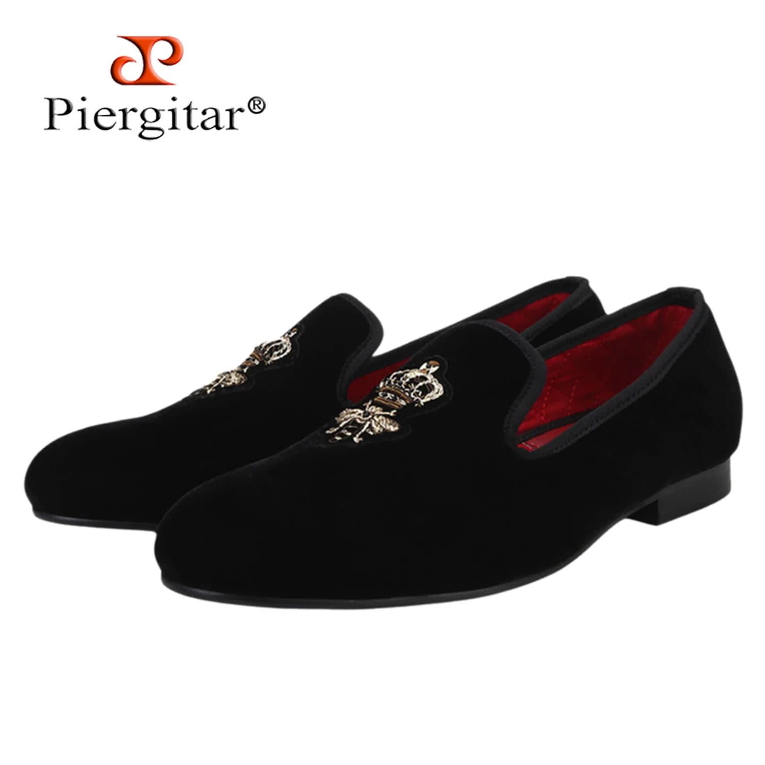 Piergitar Toppe con corona di api fatte a mano Ricamo Importato dalla India Mocassini slip-on per abiti da festa alla moda Appartamenti da uomo in velluto nero