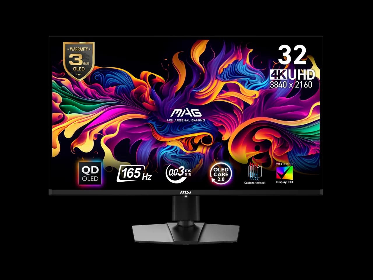 MSI 32" (31.5" viewable) UHD 4K 165Hz with AMD FreeSync Premium Pro 0.03ms HDR400 USB-C OLED Gaming Computer Monitor with Height Adjustable, Pivot, Swivel & Tilt stand MAG 321UP QD-OLED