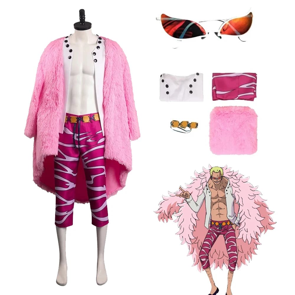 Donquixote Doflamingo Cosplay Costume Coat Pants Sunglasses Full Set Adult Men Joker Doffy Jacket Cape Outfit for Halloween Carn