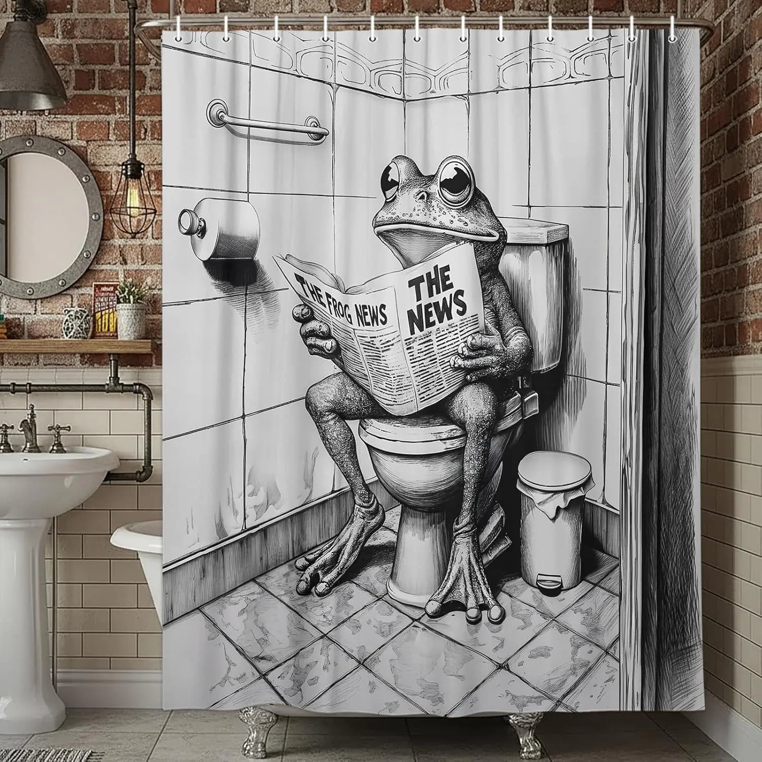 Tenda da doccia divertente con stampa di animali (rana, toilette, giornale) per l'arredamento del bagno