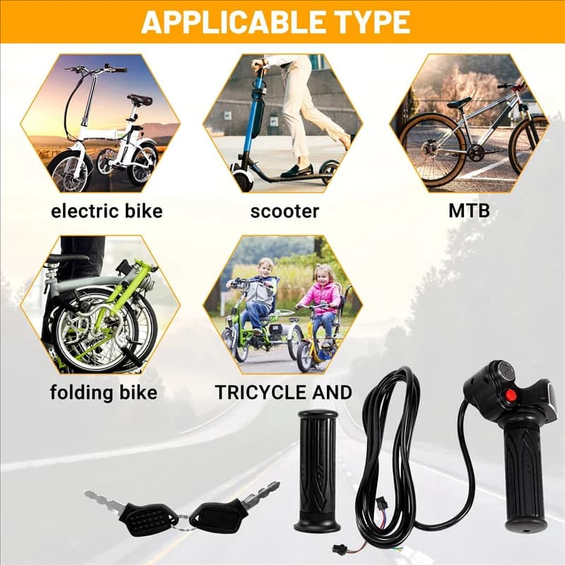Acceleratore a rotazione con maniglia a gas AA67 con indicatore batteria, interruttore a scatto e blocco/chiave per scooter elettrico, bicicletta, parte MTB