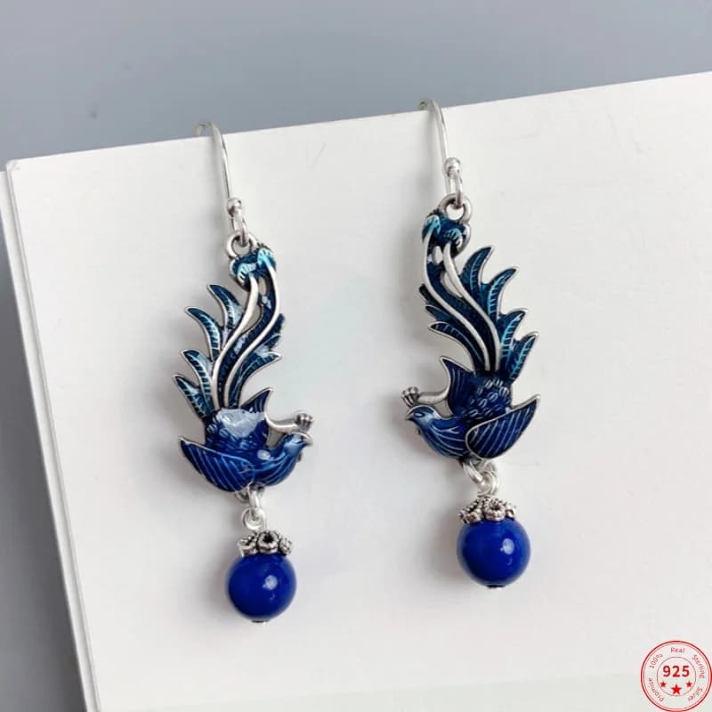 Orecchini pendenti con ciondoli in argento sterling S925 per le donne Nuova moda Cloisonne Phoenix Nappa Lapislazzuli Commercio all'ingrosso di gioielli con goccia all'orecchio
