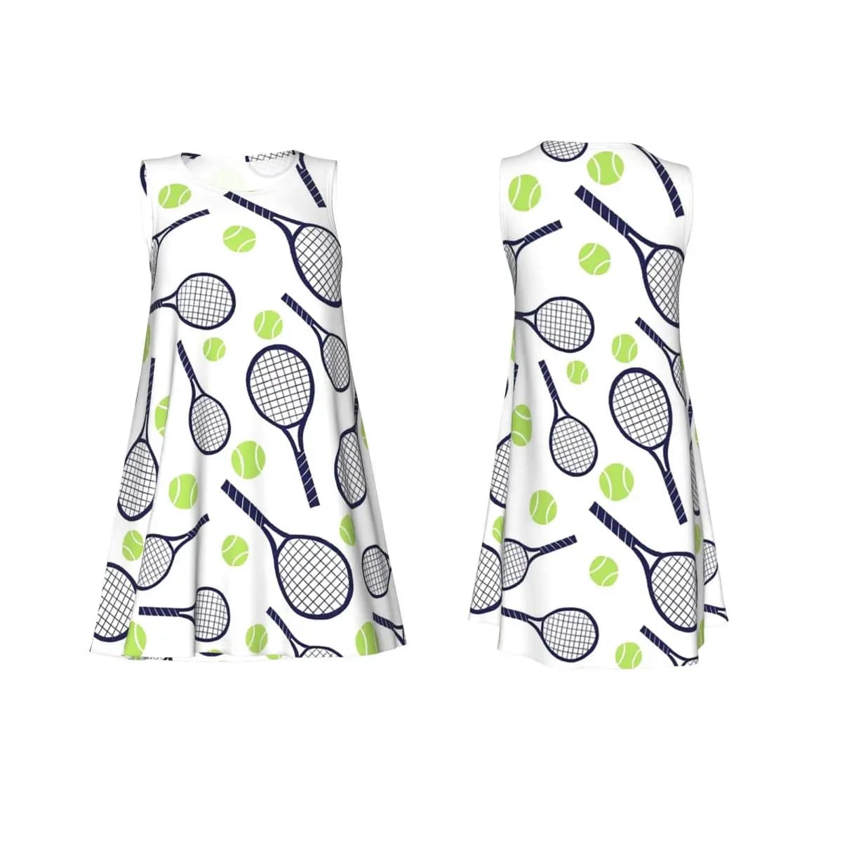 Short sleeve summer dress with tennis and ball print, elegant, sleeveless, crew neck, wide dress, street dress