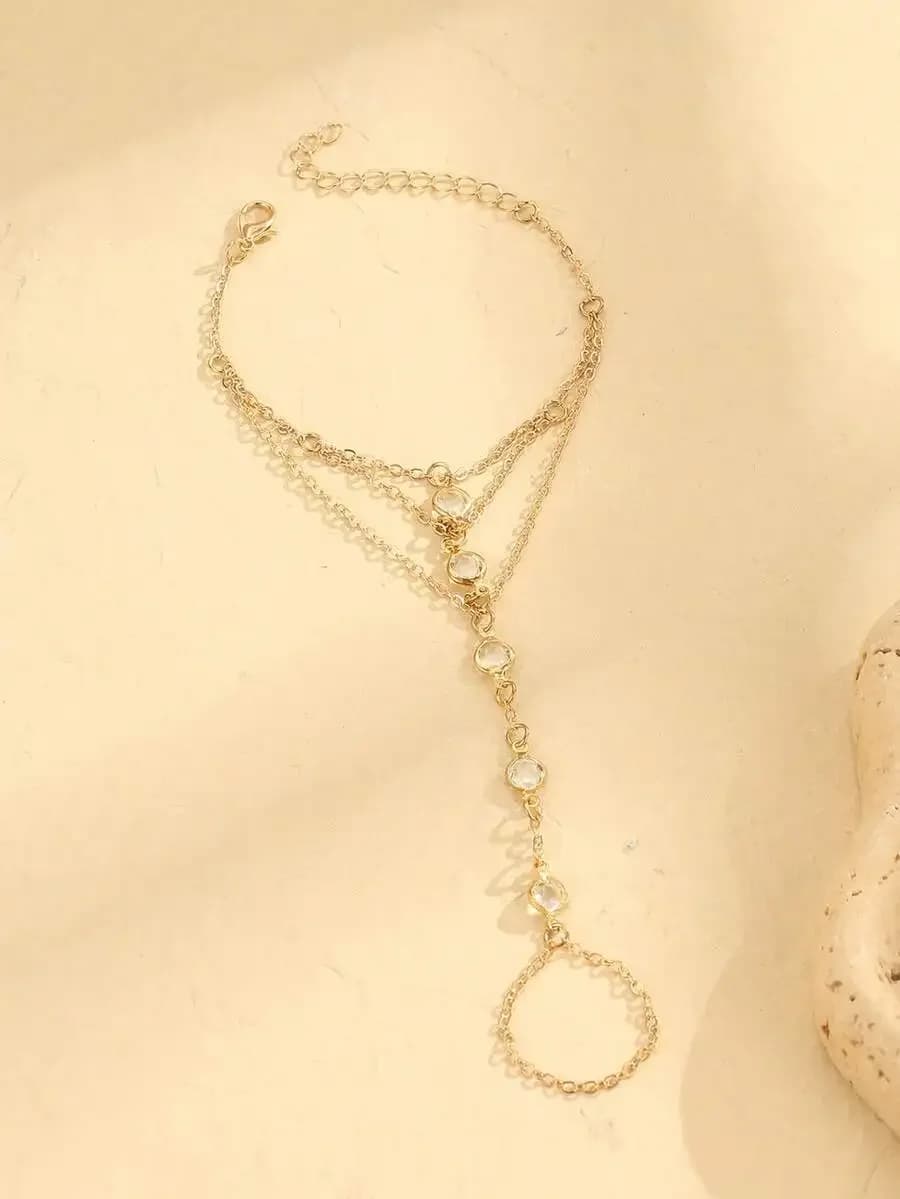 Elegant Crystal Tassel Hand Chain Bracelet Adjustable Ring Connected Chain Minimalist Everyday Bridal Jewelry