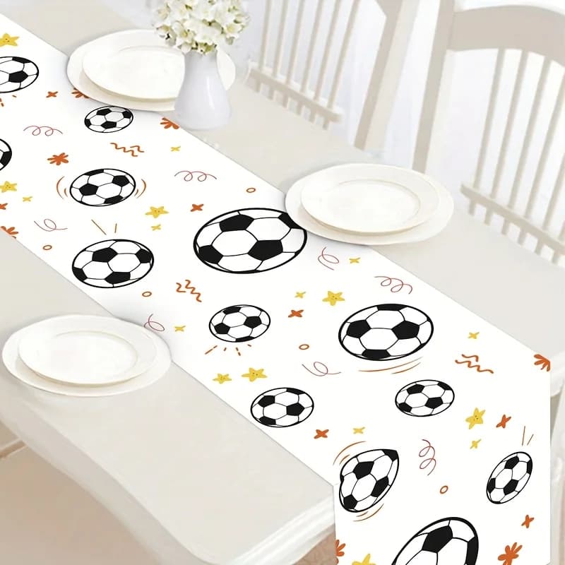 Runner da tavolo con stampa calcio, design di palloni su sfondo bianco, decorazione per feste a tema sportivo e compleanni