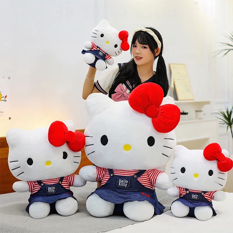 Kawaii Hello Kitty bambole di pezza cartone animato gonna da cowboy Sanrio peluche fiocco Kitty animale cuscino per dormire regalo per bambini compleanno Natale