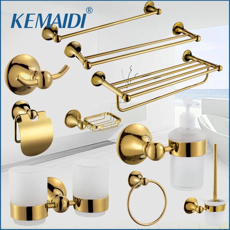 KEMAIDI Gold Bathroom Accessories Set Towel Bar Toilet Paper Holder Hooks Sus 304 Glass Shelf Stainless Steel Bathroom Set