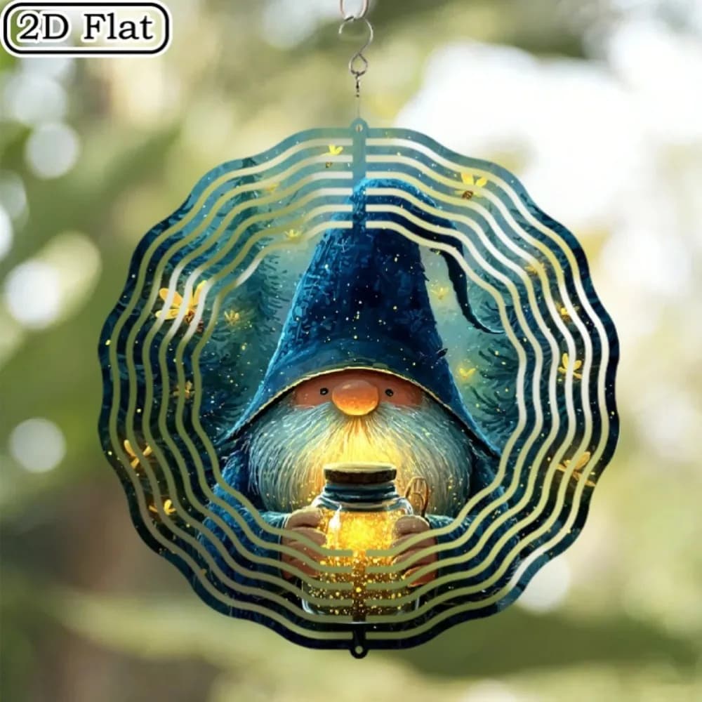 10in Metal Gnome Wind Chime Solar Hanging Decor, Enchanted Fireflies Design, 360° Rotating Hook, Soothing Sound Outdoor/Indoor O