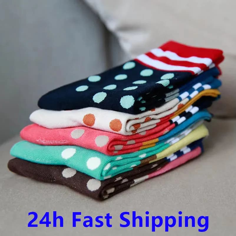 6pcs=3 Pairs Womens Mid Tube Socks Quality Combed Cotton Long Socks Spring Autumn Soft Pop Lovely Girls Ladies Female Dots Socks