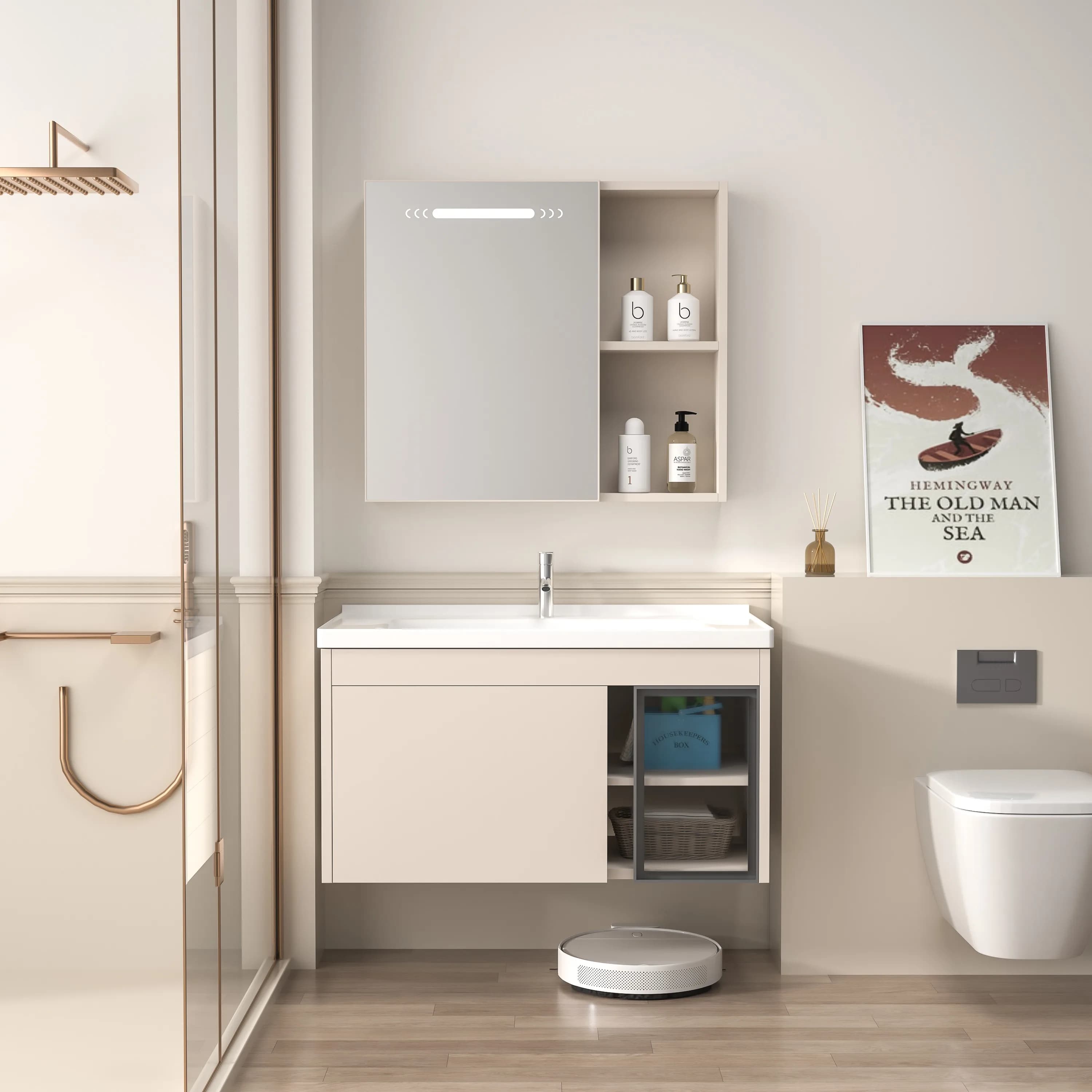 ￥ # Mobile Bagno Moderno Sospeso in Acciaio Inox Impermeabile con Lavabo per Hotel, Lavandino in PVC con Specchio