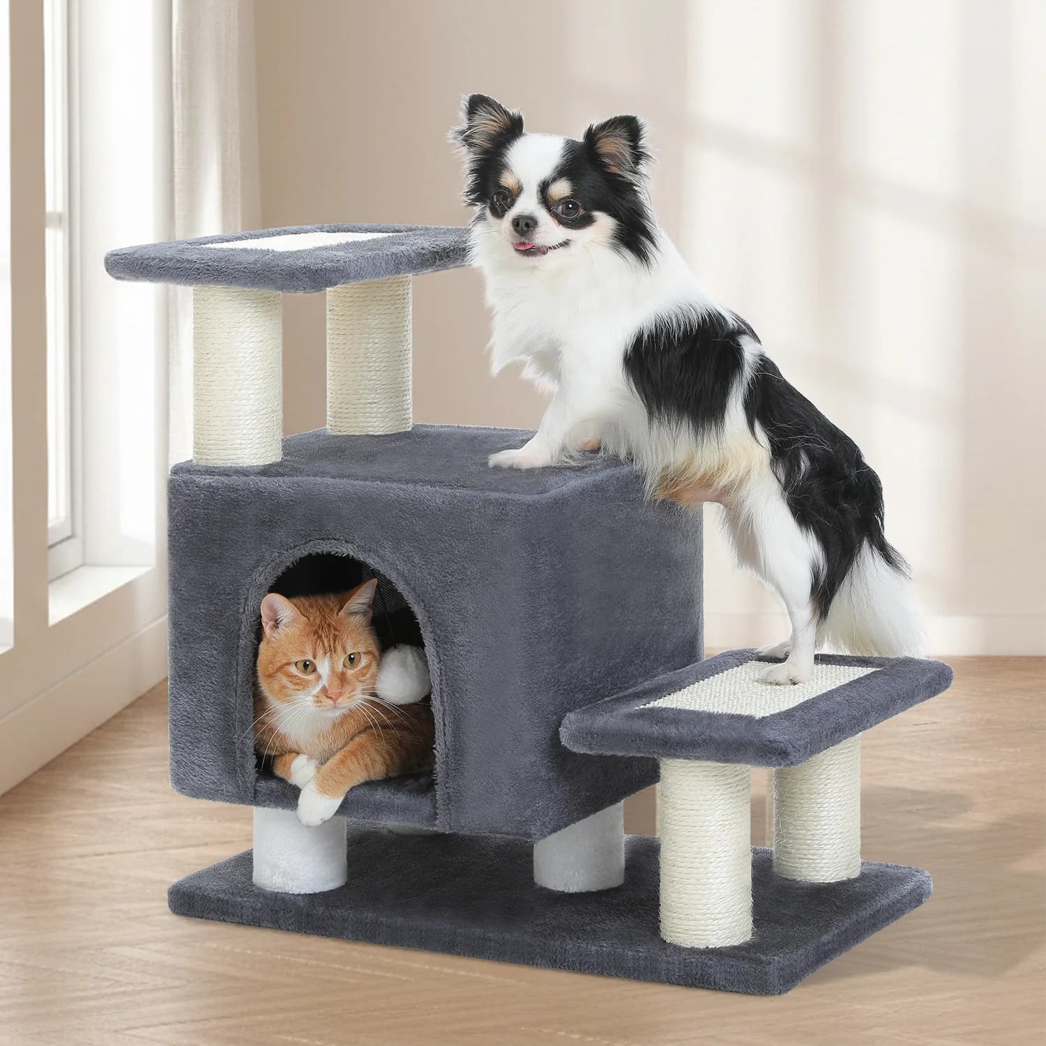 Scala per Cani a 3 Livelli, Scale Rimovibili per Cani e Gatti di Piccola Taglia, Cuccia Multifunzionale per Gatti con Tiragraffi, Casetta per Gatti