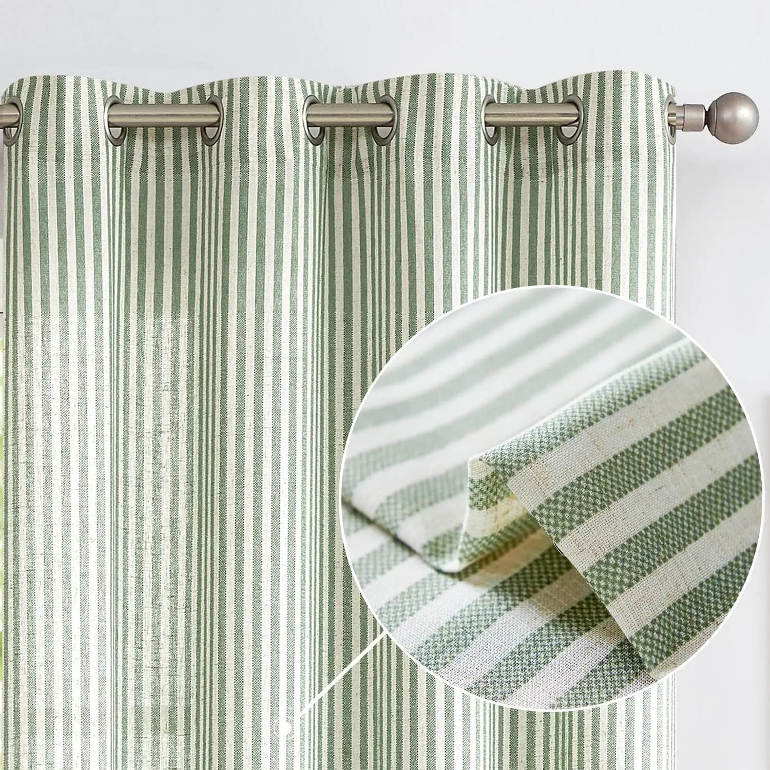 Tende a righe in lino per soggiorno e camera da letto, stile rustico, filtranti la luce, con occhielli, verdi, L55 x L84 pollici