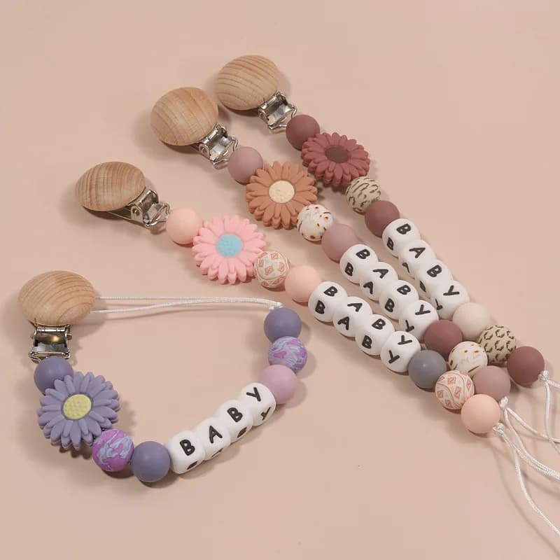 Customized Name For Kids Baby Clips Infant Power Supply Nipple Chains Silicone Flower Dentition Toys Chewing Gifts