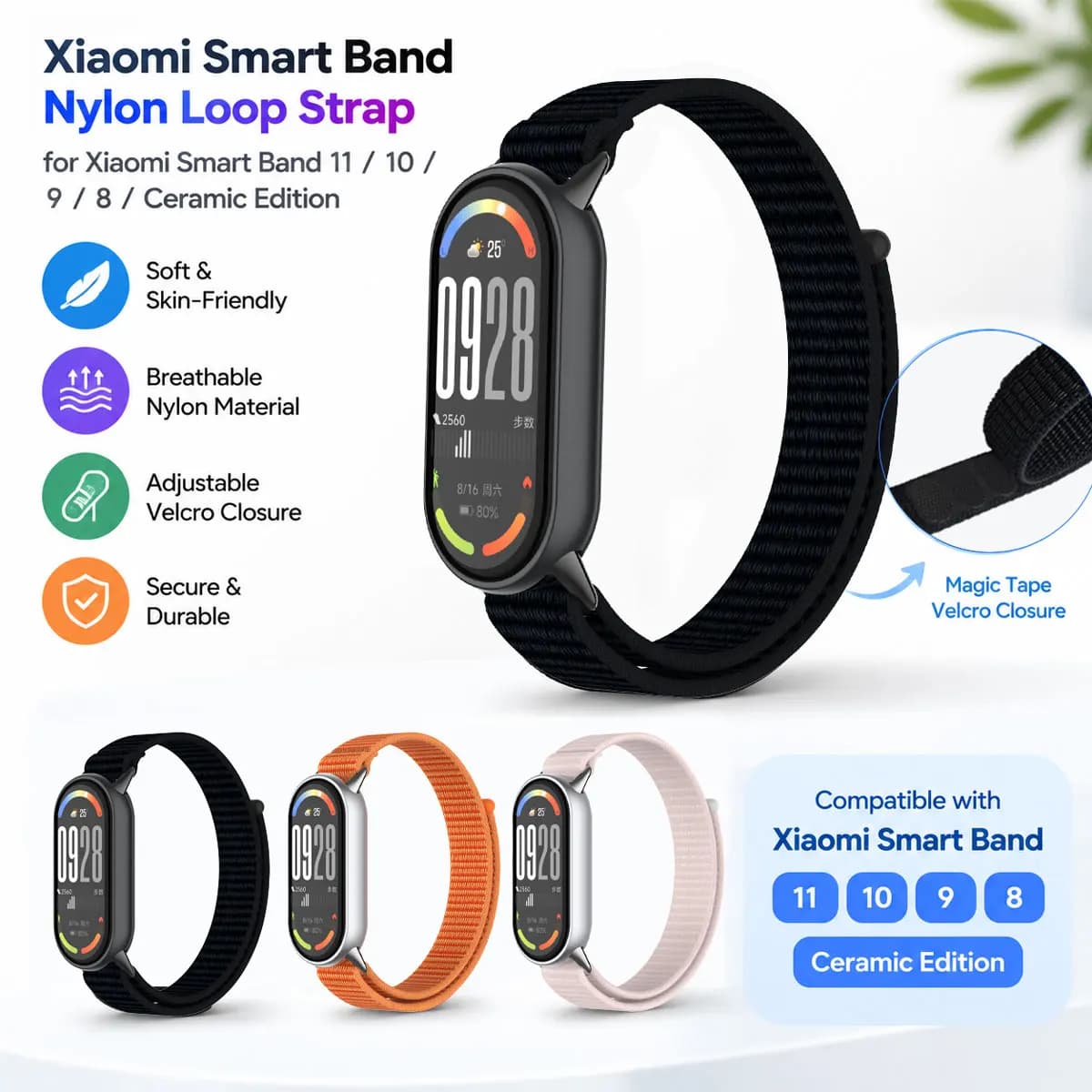 For Xiaomi Mi Band 11/10/9/8, Nylon Loop Velcro Strap - Breathable and Comfortable, Replacement Band for Xiaomi Mi Band 11