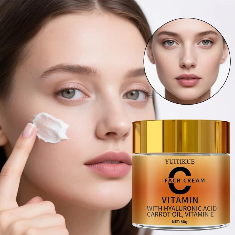 60 g vitamin C cream with ascorbic acid Hyaluronic acid carrot oil Keeps the skin hydrated, moisturizes and provides long lasting id