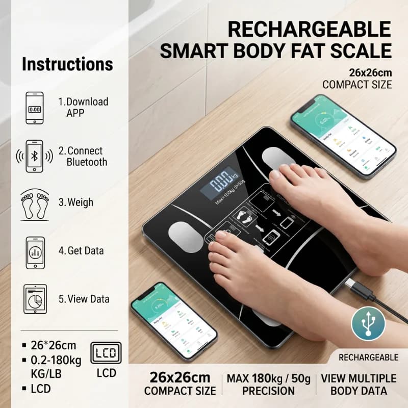 Bilancia Intelligente per Grasso Corporeo 26X26cm Ricaricabile con APP e Display LCD, Bilancia Digitale Elettronica Smart per Peso e Grasso Corporeo