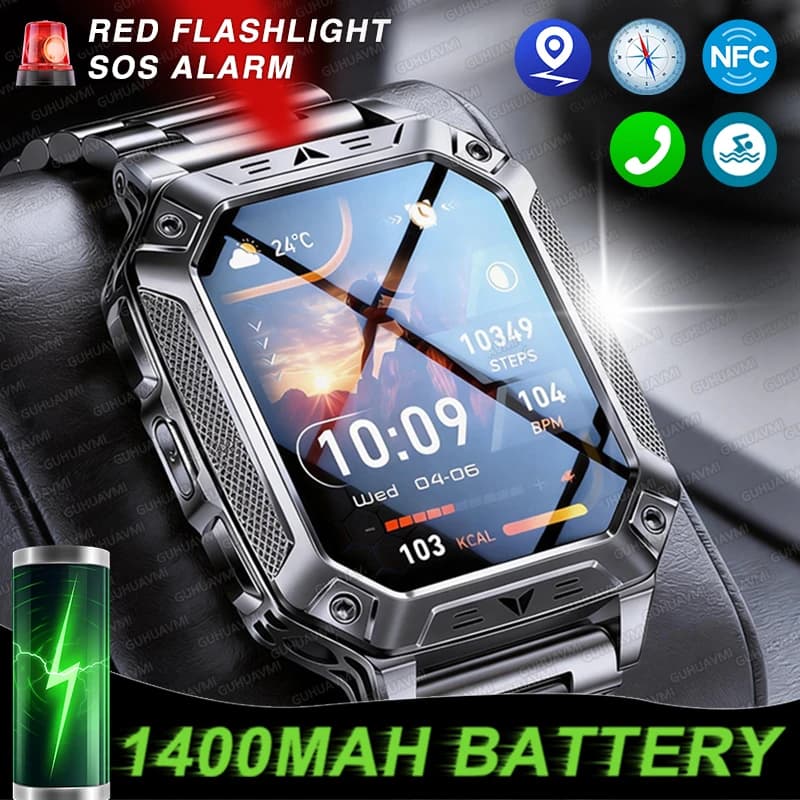 TANK Military 1400mAh Smart Watch Durable Large Battery IP68 Waterproof Tactics GPS Flashlight Clock 100+Sport SOS HD Call Watch