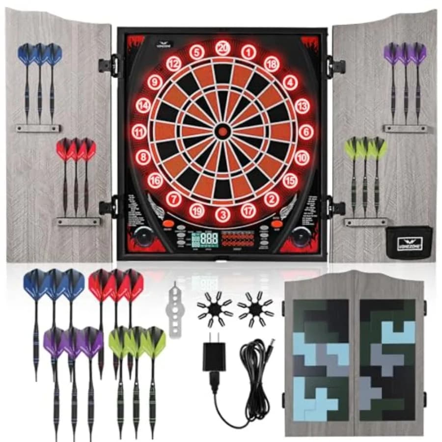 Tabellone elettronico per freccette da sala giochi con mobiletto, in plastica ABS, nero, include 12 freccette con punta morbida e display digitale a LED