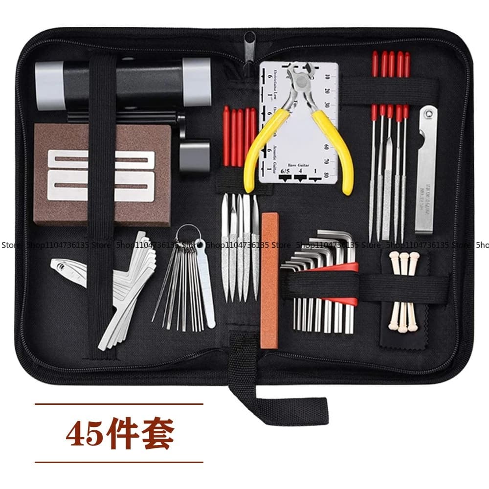 Set di kit per chitarra, strumento di riparazione per strumenti musicali, cuscino per la regolazione del collo, misurazione della distanza delle corde per lucidatura, set da 45 pezzi