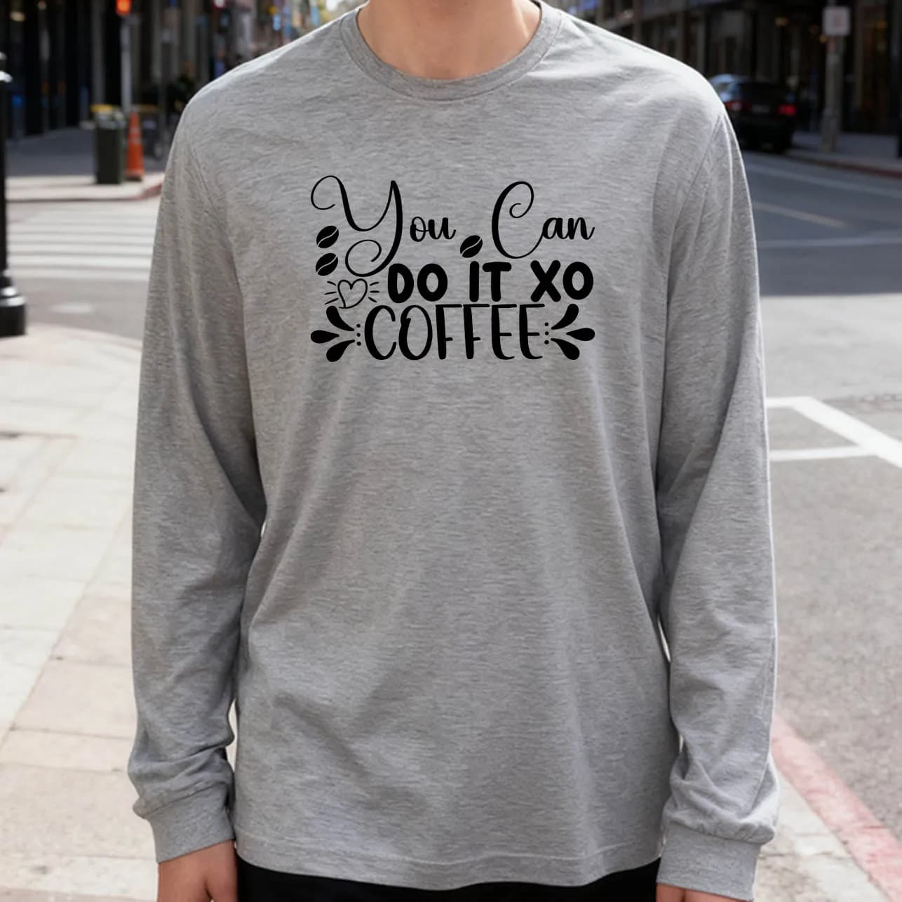 You Can Do It Xo Coffee Men's Long Sleeved T-shirt 180g 100% cotton printed casual crew neck to wear every day soft and breathable