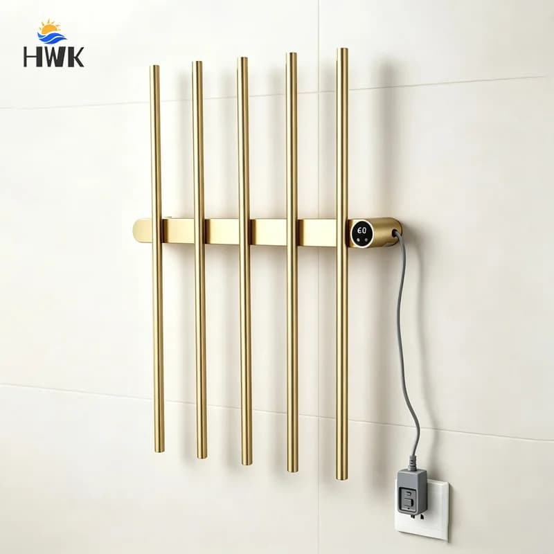 Brushed Gold Vertical Electric Towel Rack Temp Time Control Heated Towel Rail Hidden＆Exposed Wires Bathrobes Towel Warmers