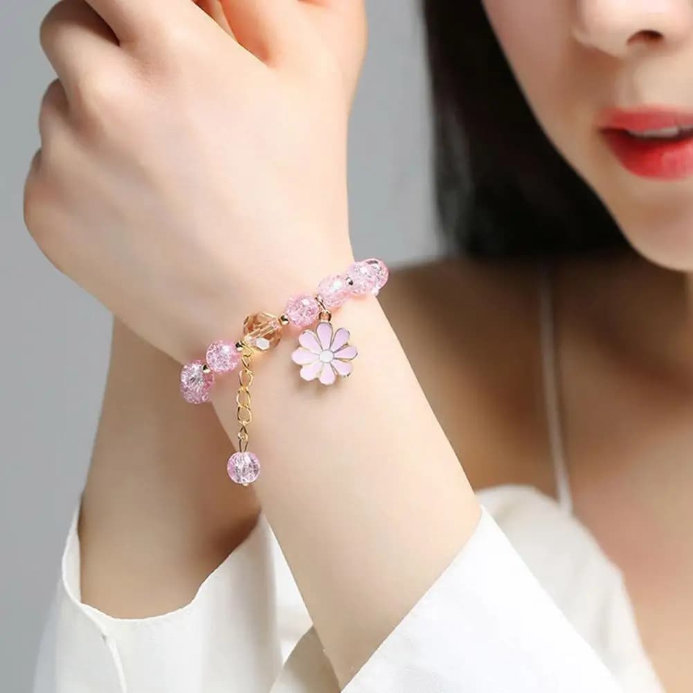 Nuovo dolce moda cristallo margherita fiore braccialetto donne perline di vetro braccialetti di corda elastica ragazza festa gioielli da sposa regali