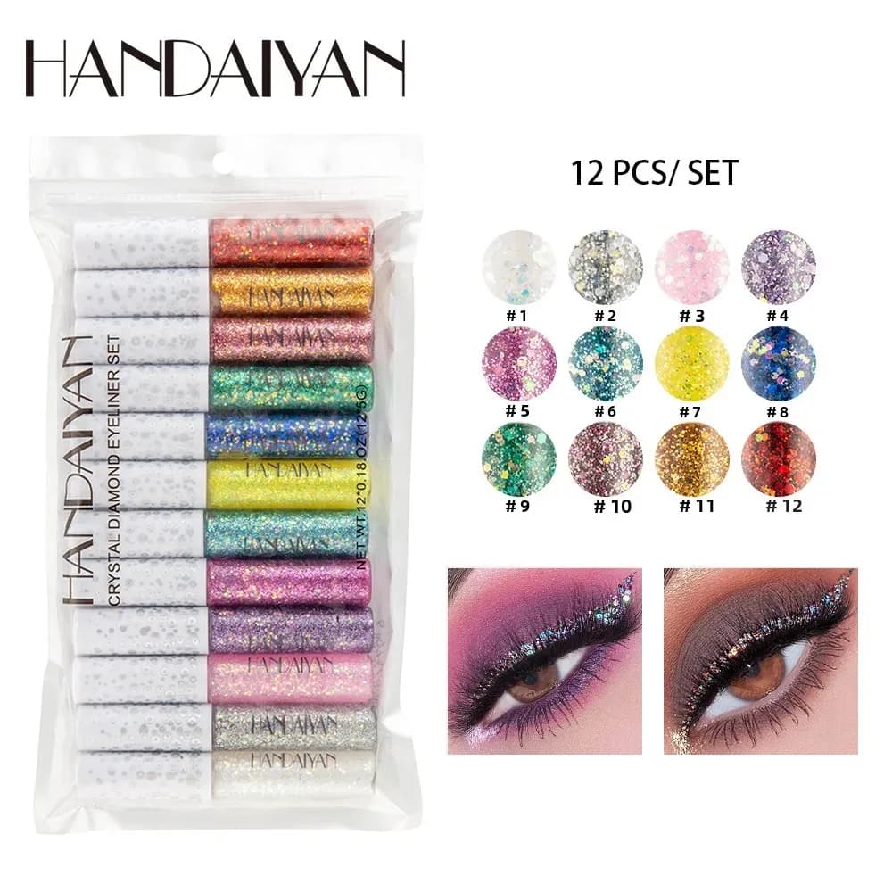 Set di 12 eyeliner glitterato, trucco per occhi luccicante impermeabile a lunga durata, ombretto per festival di palcoscenici cosplay con diamanti in cristallo