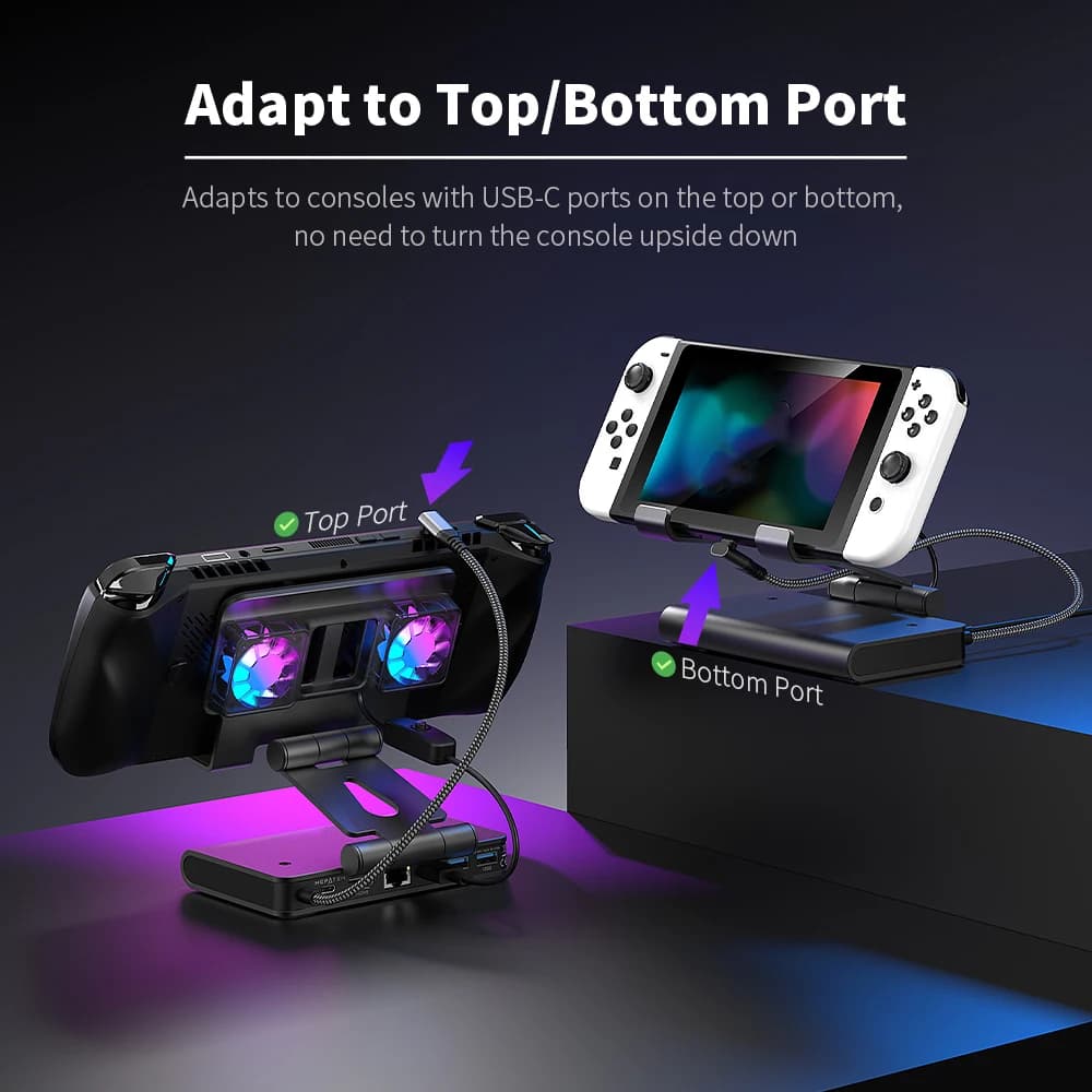 Gaming Console Docking Station Dual Fan Cooling 4K144Hz HDMI2.1 100W PD USB3.2 Gigabit Ethernet for ROG Ally X For Steam Deck