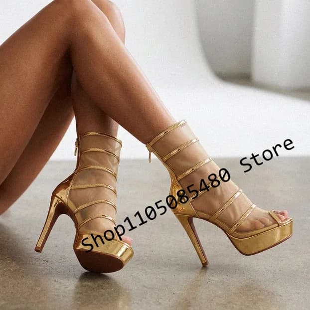 Women Latin Dance Shoes Thin High Heels Boots High Top Open Toes Strap Net Surface Sexy Stilettos High Heels 44