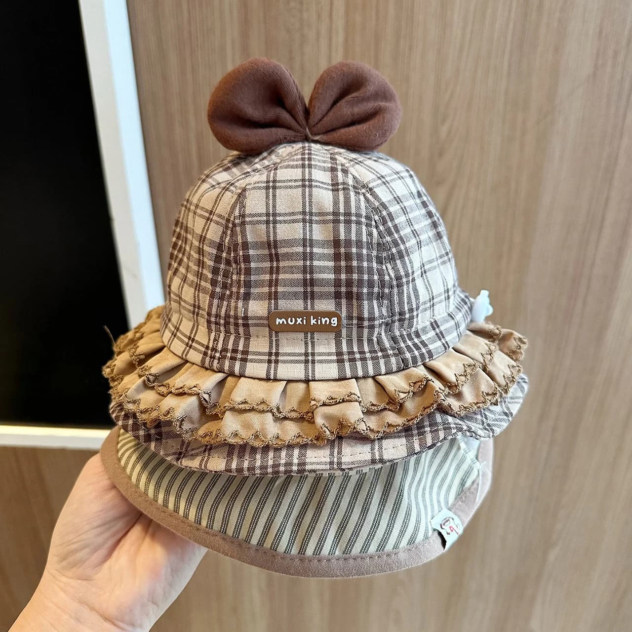 Sweet Bow Baby Fisherman Cap Retro Plaid Striped Kids Bucket Hats 3-18Month Infant Sunshade Basin Cap Large Brim Outdoor Sun Hat