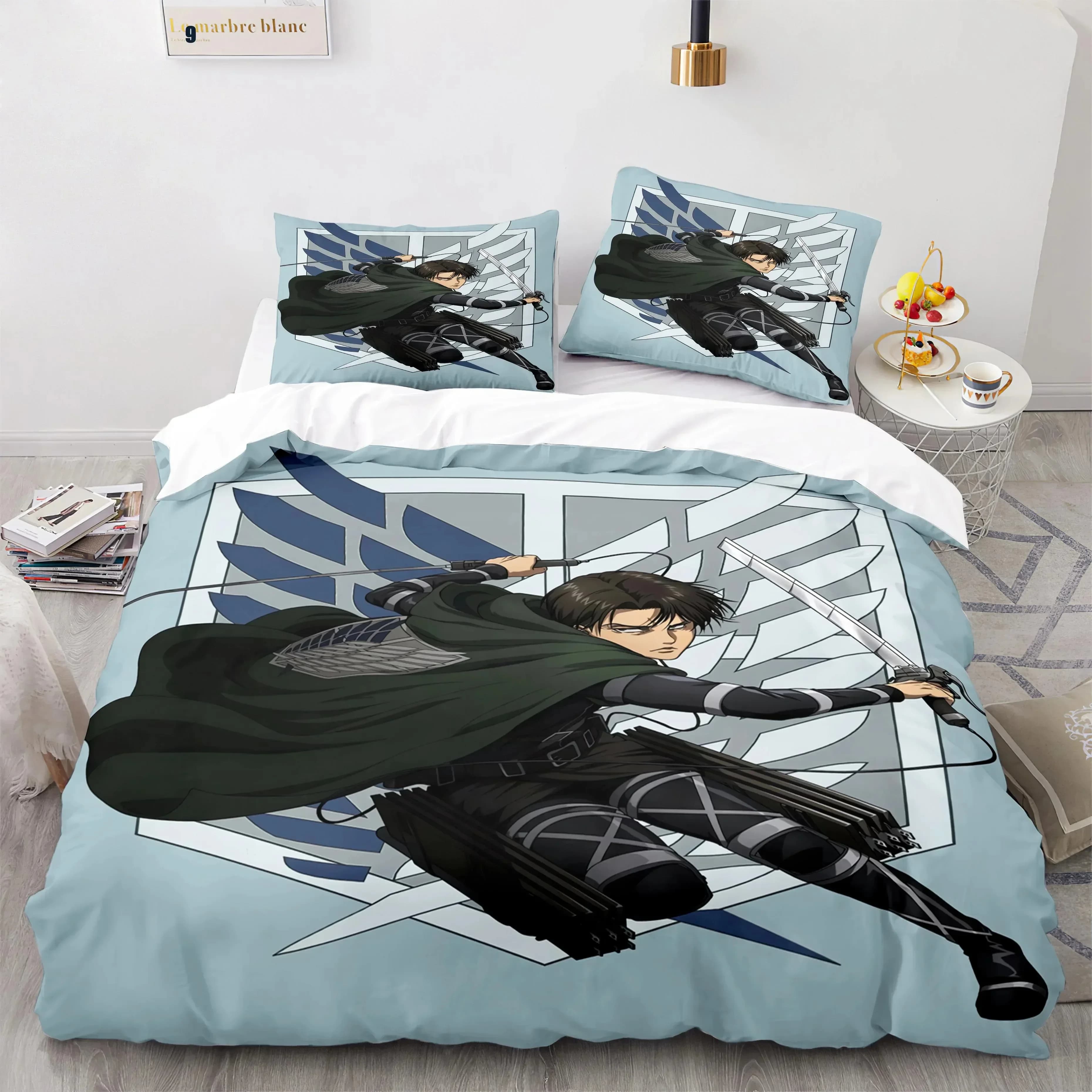Set di biancheria da letto con stampa Anime Attack On Titan, copripiumino, federa, lenzuolo, copriletto, misura Queen/King