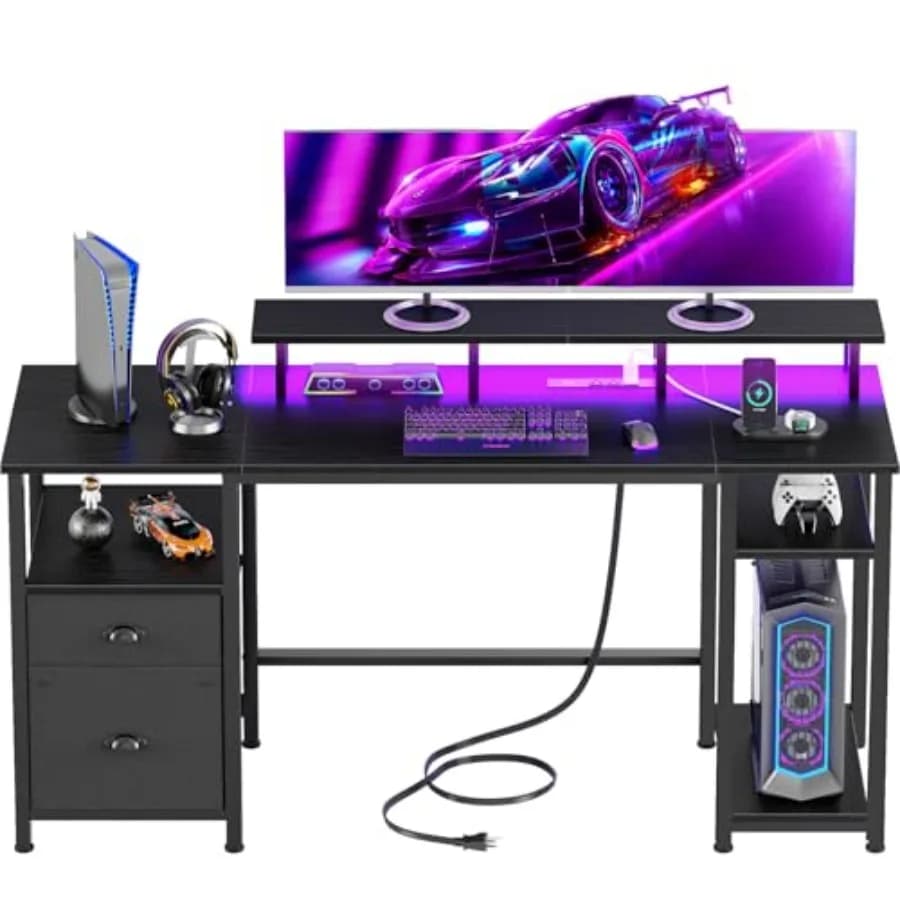 Scrivania da Gaming 51 con Prese di Corrente, Luci LED, Scrivania per Computer Reversibile con Mobiletto Portadocumenti e Supporto Monitor per Ufficio Domestico, Ampia Postazione di Lavoro