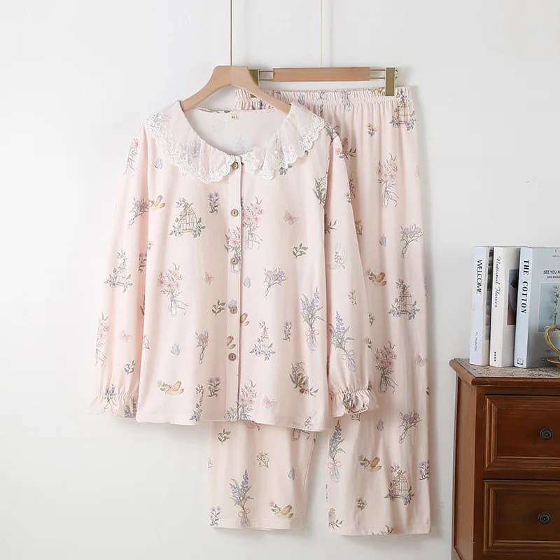 Pastoral Knitted Pure Cotton Women's Pajamas Thin Long-sleeved Loungewear Set Lace Round Neck Loose and Comfortable Pijamas
