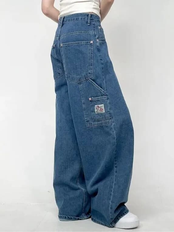 Loose Wide Leg Denim Jeans Patchwork Letter Grid Balloon Korean Style Women's Spring Autumn Winter Fashion Casual Jeans
